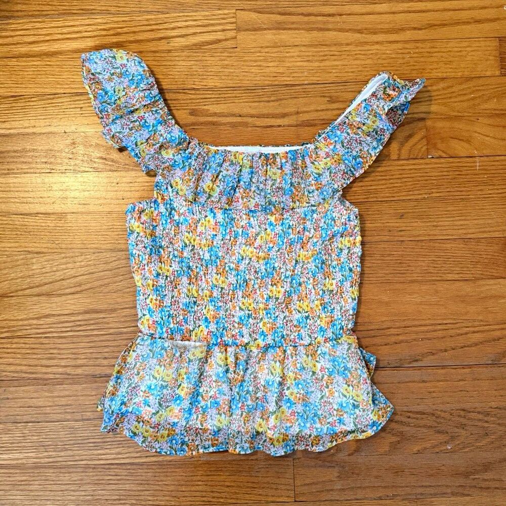 LC Lauren Conrad Blue Floral Smocked Stretch Ruffle Peplum Tank Top Size M